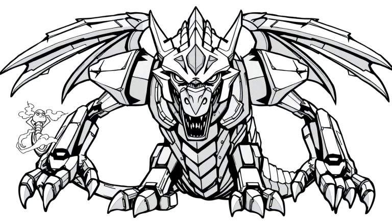 Een zwart-witte kleurplaat van een boze robotdraak met gespreide vleugels en een klein cartoonfiguurtje met rook.