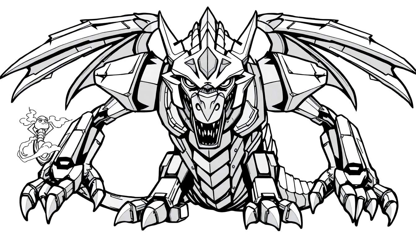 Een zwart-witte kleurplaat van een boze robotdraak met gespreide vleugels en een klein cartoonfiguurtje met rook.