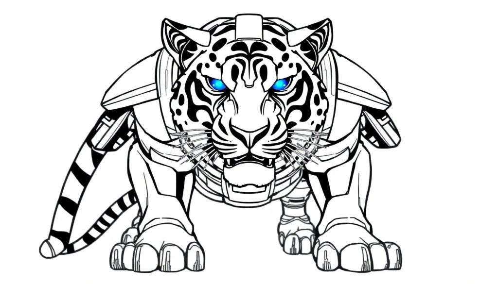 Een stoere, robotachtige tijger kleurplaat met blauwe ogen.