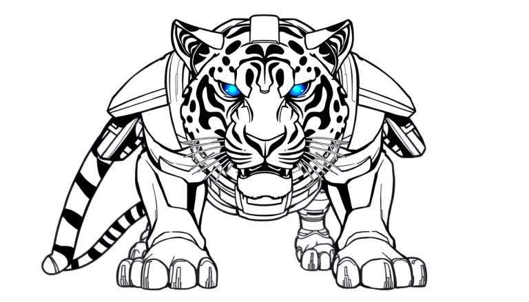 Een stoere, robotachtige tijger kleurplaat met blauwe ogen.
