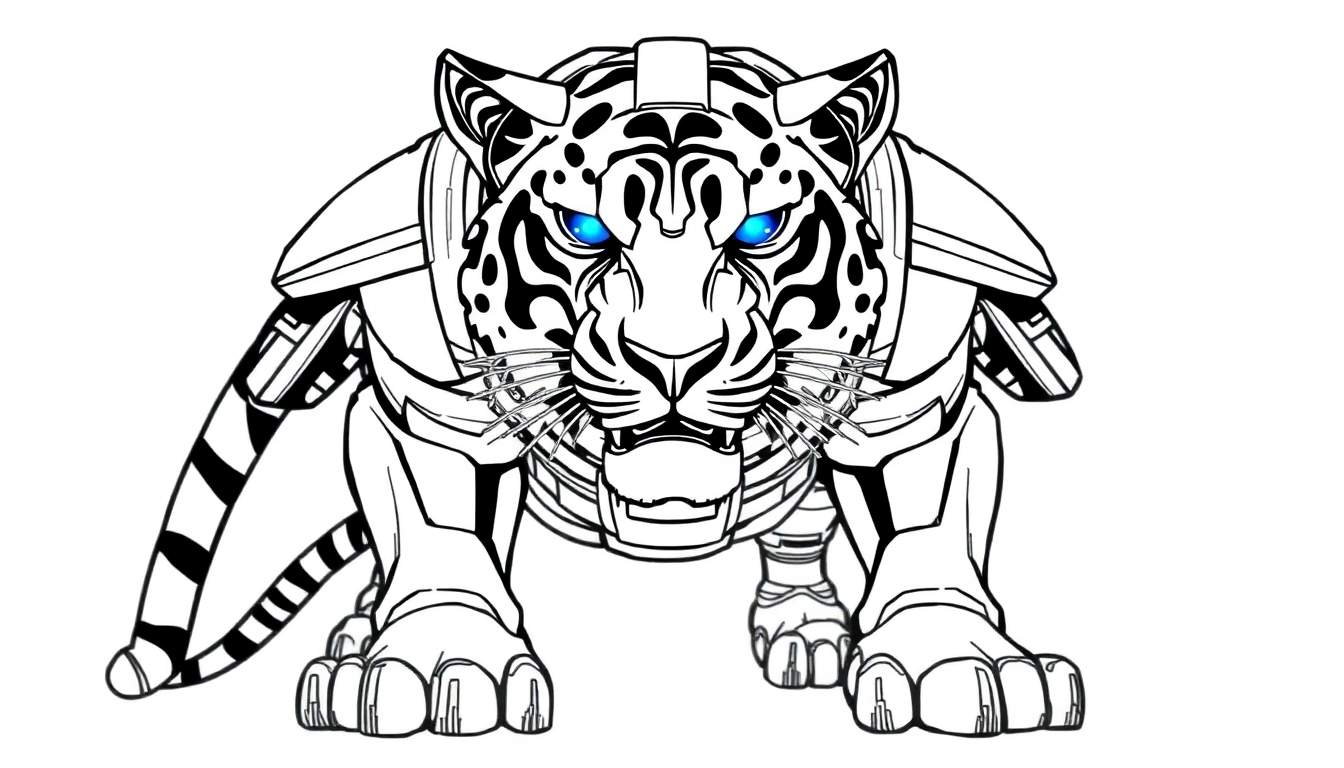 Een stoere, robotachtige tijger kleurplaat met blauwe ogen.
