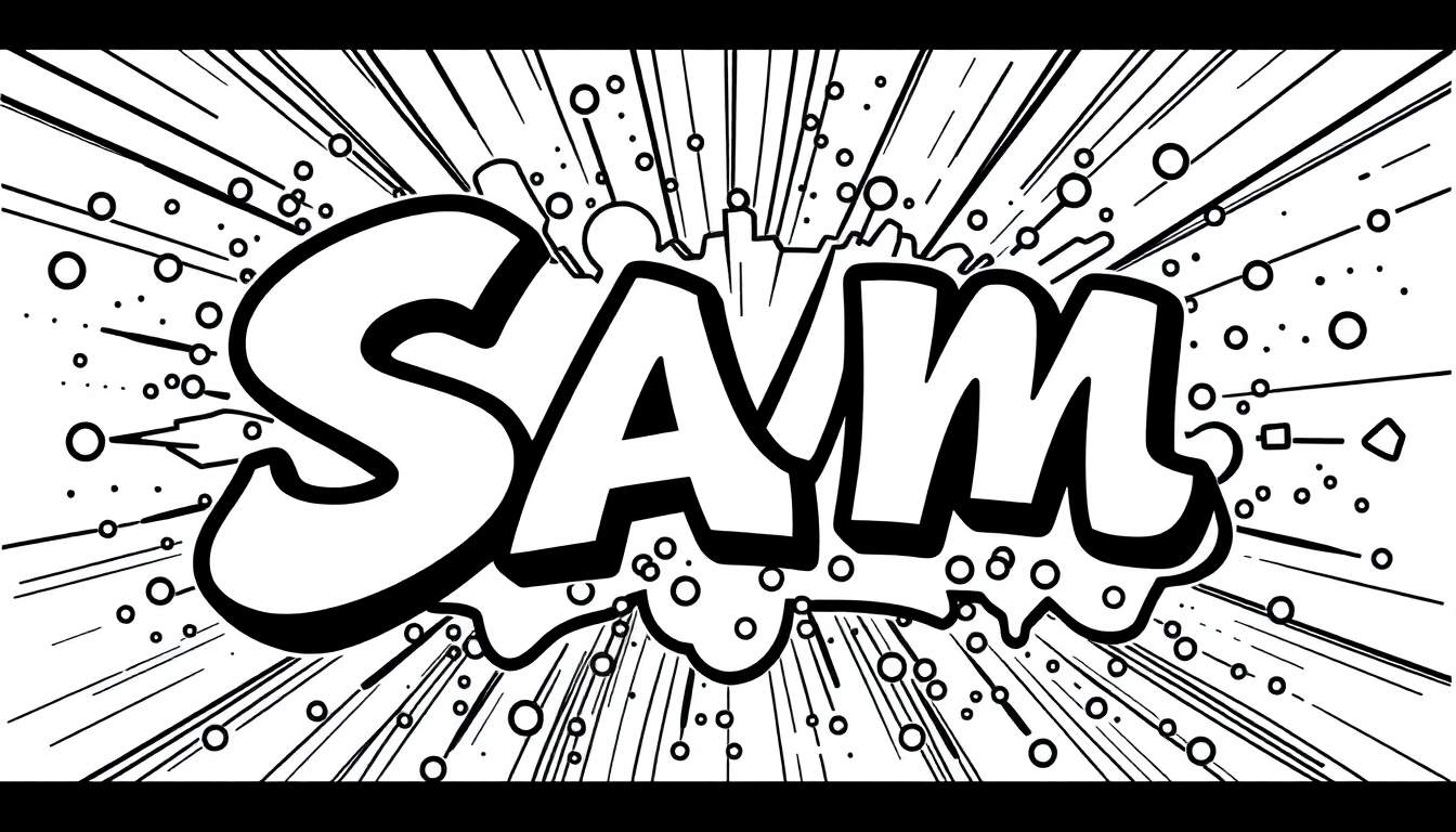 Zwart-witte kleurplaat van de naam SAM in explosieve graffitiletters met rondom stipjes en cirkels.