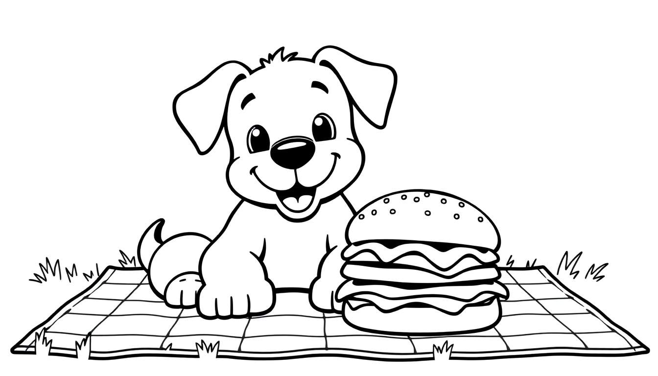 Kleurplaat van Samson de hond naast een gigantische hamburger.