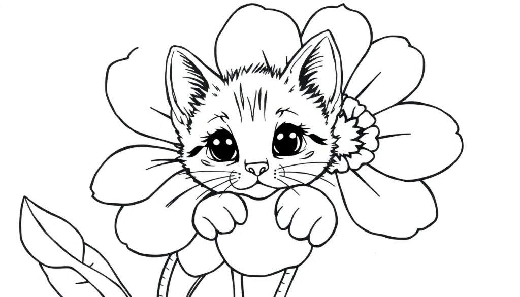 Kleurplaat van een schattige cartoonkat die uit een bloem groeit.