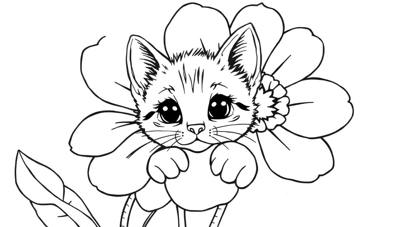 Kleurplaat van een schattige cartoonkat die uit een bloem groeit.