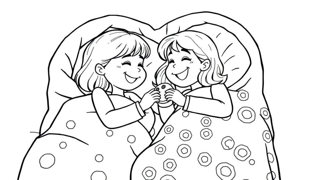 Twee lachende meisjes delen een kleurplaat in bed.