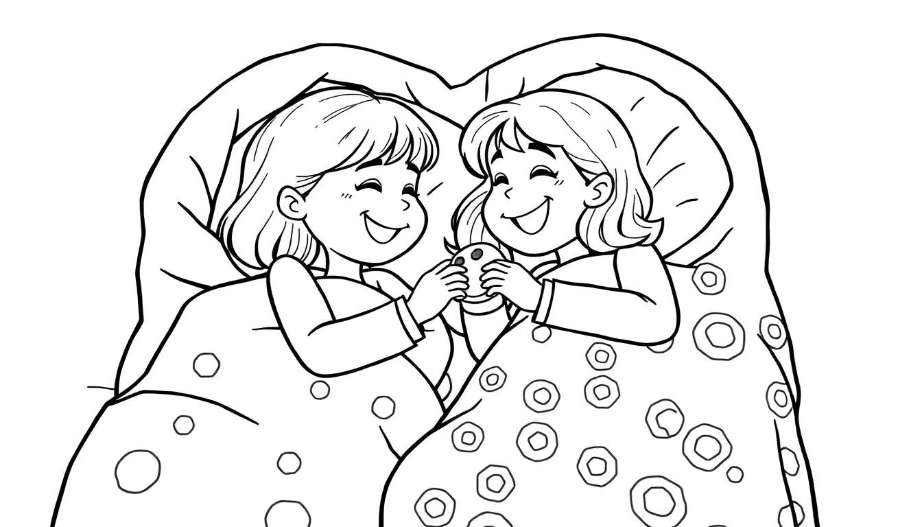 Twee lachende meisjes delen een kleurplaat in bed.