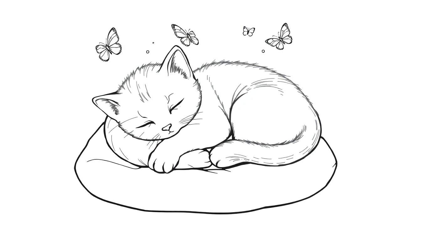 Kleurplaat van een slapend kitten omringd door vier vlinders.