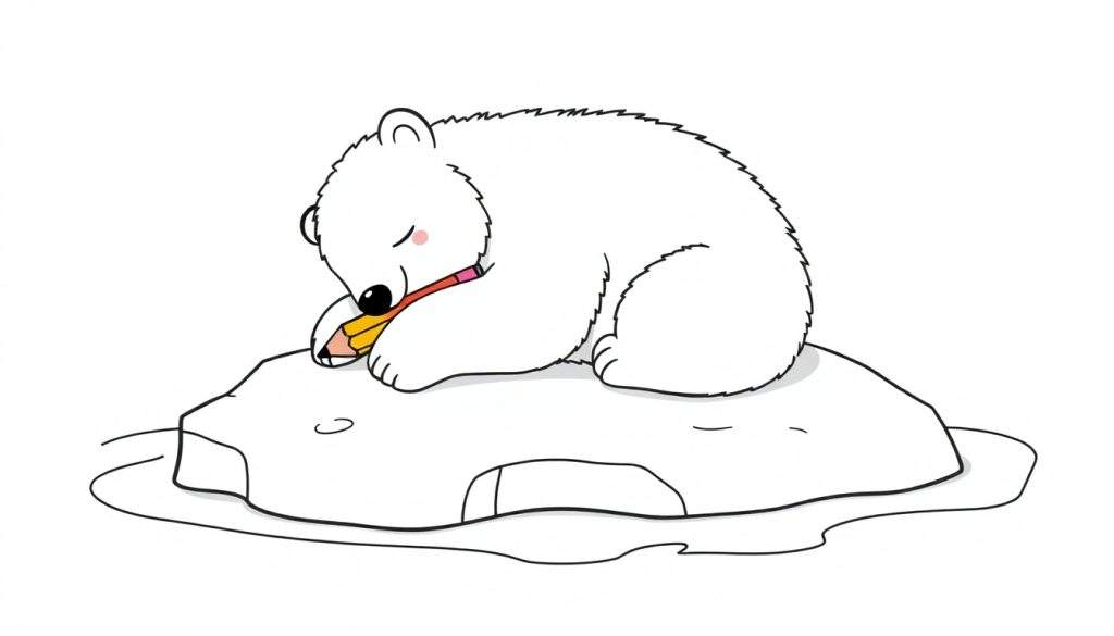 Kleurplaat van een schattige ijsbeer die slaapt op een ijsschots met een potlood, omringd door smeltend water.