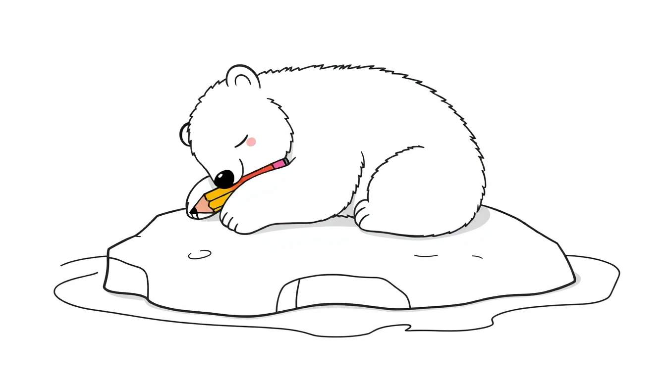 Kleurplaat van een schattige ijsbeer die slaapt op een ijsschots met een potlood, omringd door smeltend water.