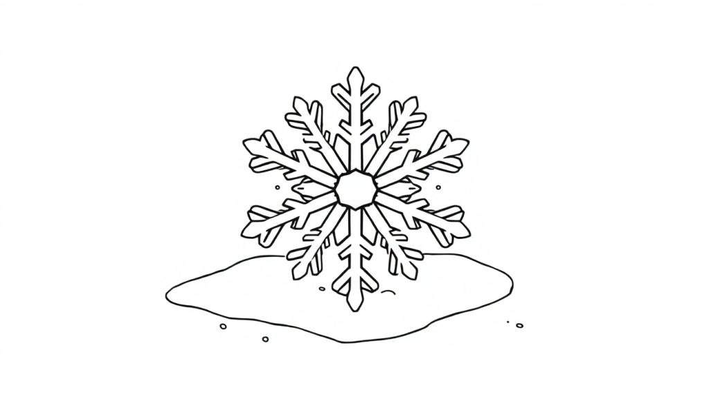 Kleurplaat van een smeltende sneeuwvlok op een plasje water.