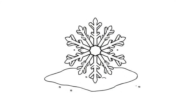 Kleurplaat van een smeltende sneeuwvlok op een plasje water.