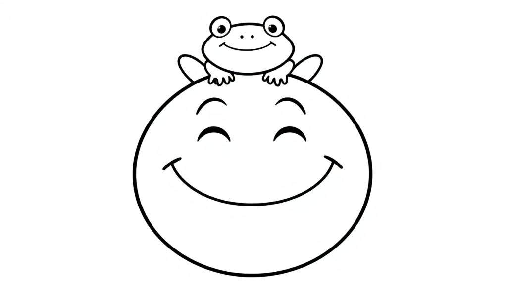 Kleurplaat van een vrolijke smiley met een kikker bovenop.