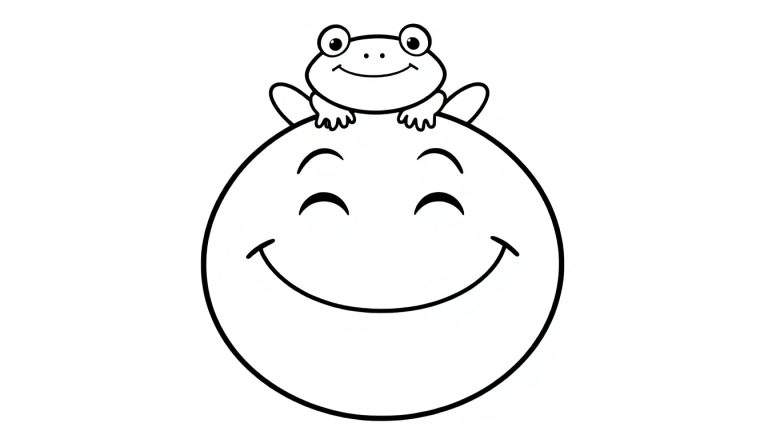 Kleurplaat van een vrolijke smiley met een kikker bovenop.
