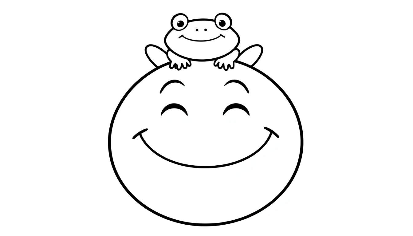 Kleurplaat van een vrolijke smiley met een kikker bovenop.