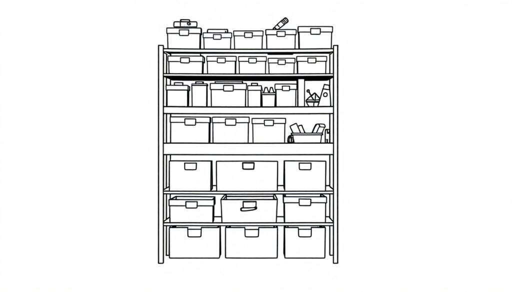 Kleurplaat van een hoge, smalle stellingkast vol met speelgoedbakken.