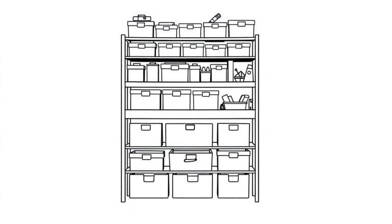 Kleurplaat van een hoge, smalle stellingkast vol met speelgoedbakken.