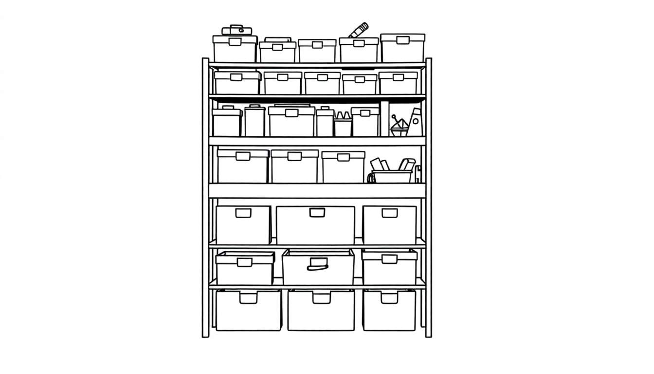 Kleurplaat van een hoge, smalle stellingkast vol met speelgoedbakken.