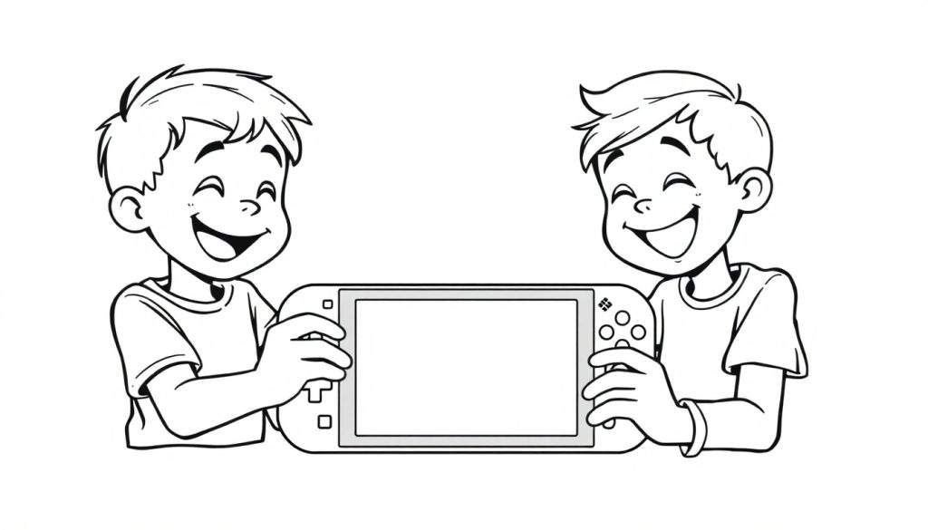 Kleurplaat van twee lachende jongens die samen een draagbare gameconsole vasthouden.