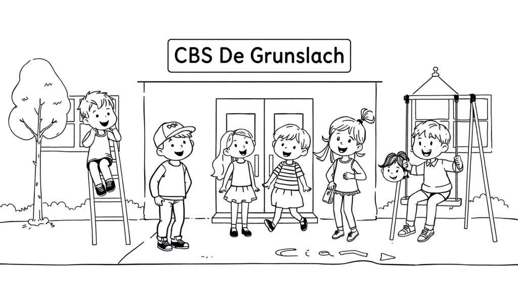Kleurplaat van lachende kinderen rond de CBS De Grunslach school, met een jongen in een boom en een jongen op een schommel.