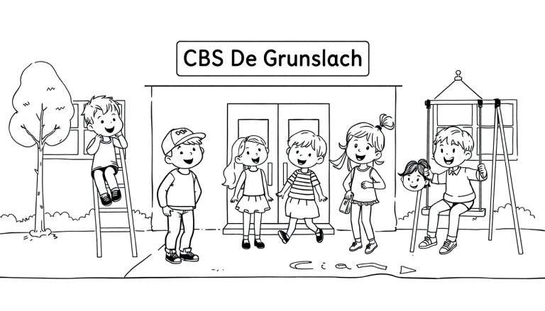 Kleurplaat van lachende kinderen rond de CBS De Grunslach school, met een jongen in een boom en een jongen op een schommel.