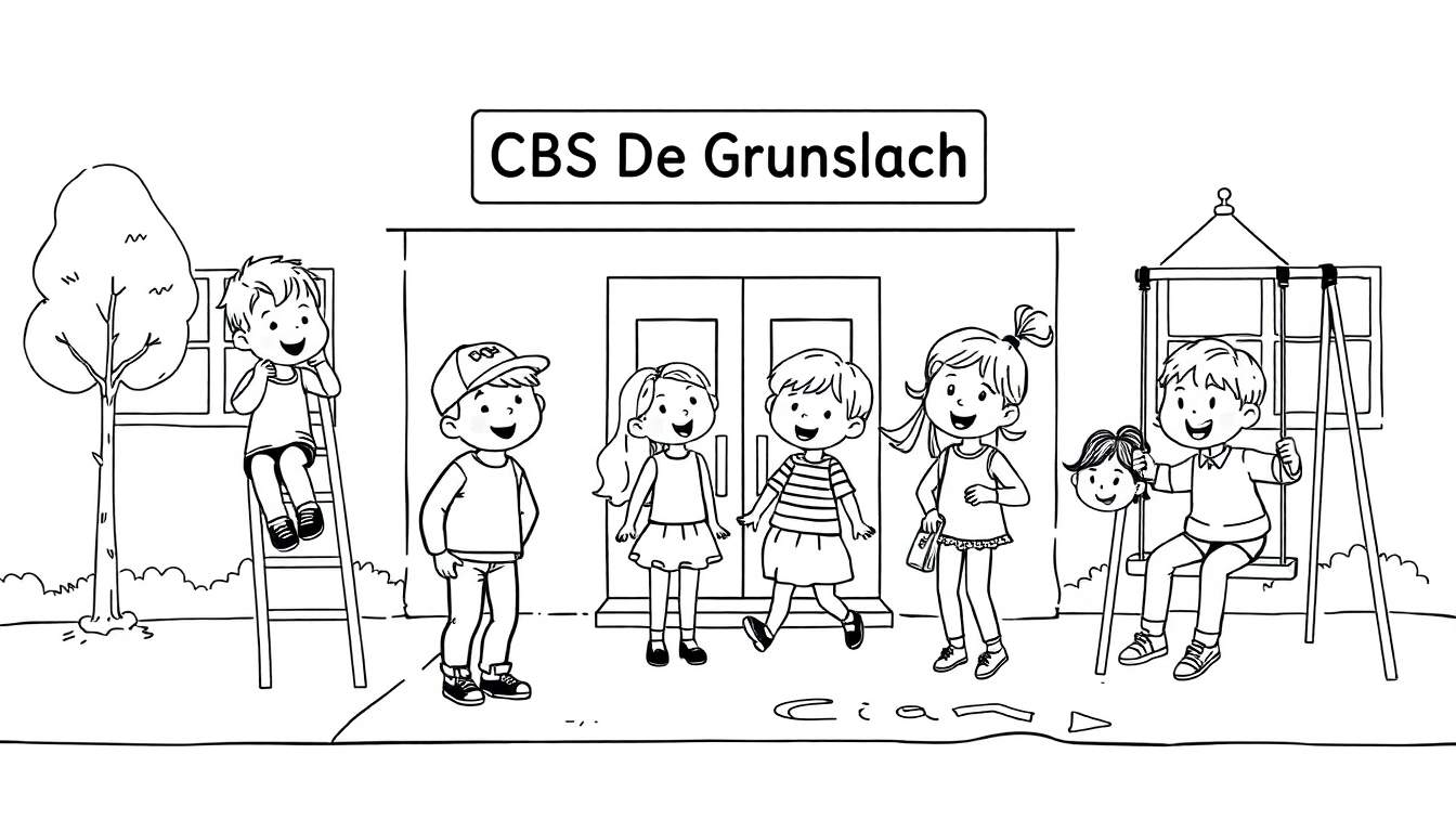 Kleurplaat van lachende kinderen rond de CBS De Grunslach school, met een jongen in een boom en een jongen op een schommel.