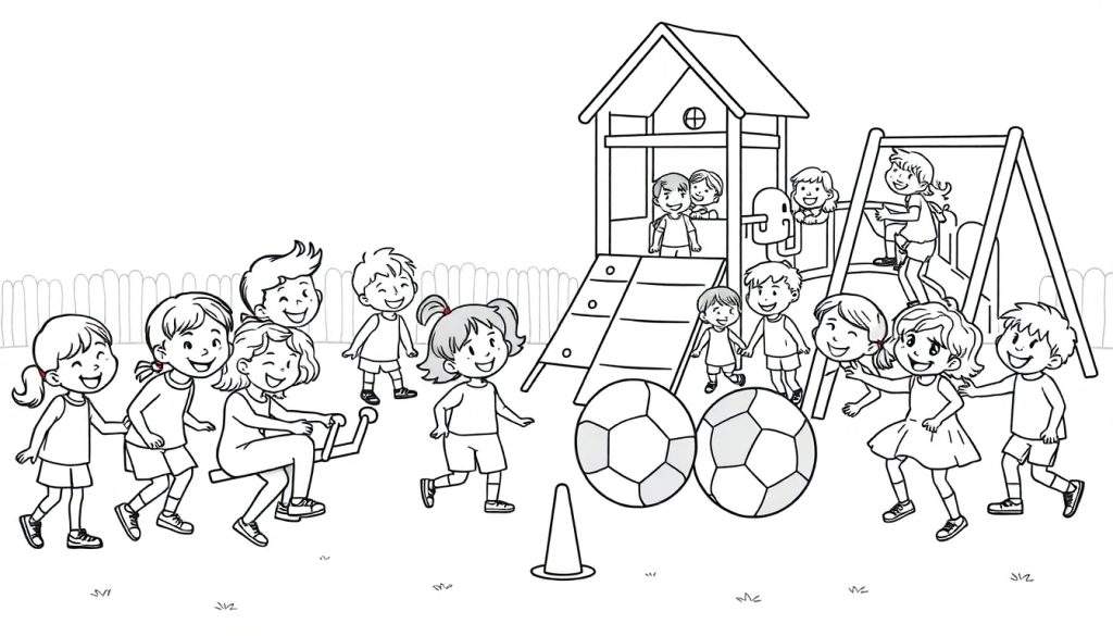 Kleurplaat van lachende kinderen die spelen in een speeltuin met een klimrek, glijbaan, schommel en voetballen.