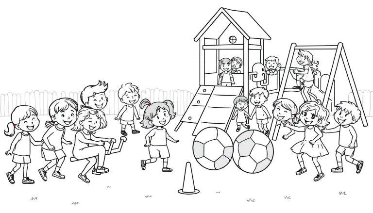 Kleurplaat van lachende kinderen die spelen in een speeltuin met een klimrek, glijbaan, schommel en voetballen.