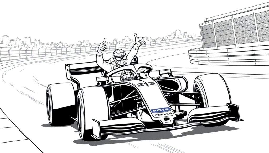 Kleurplaat van Spider-Man in een Formule 1 auto met nummer 213, die duimen omhoog steekt.
