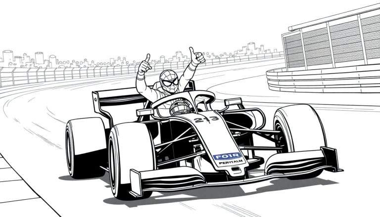 Kleurplaat van Spider-Man in een Formule 1 auto met nummer 213, die duimen omhoog steekt.
