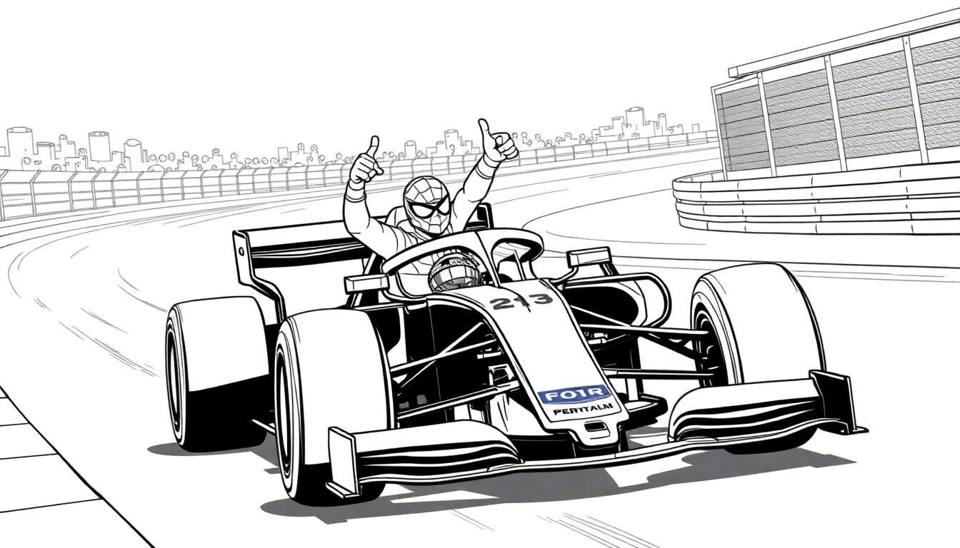 Kleurplaat van Spider-Man in een Formule 1 auto met nummer 213, die duimen omhoog steekt.