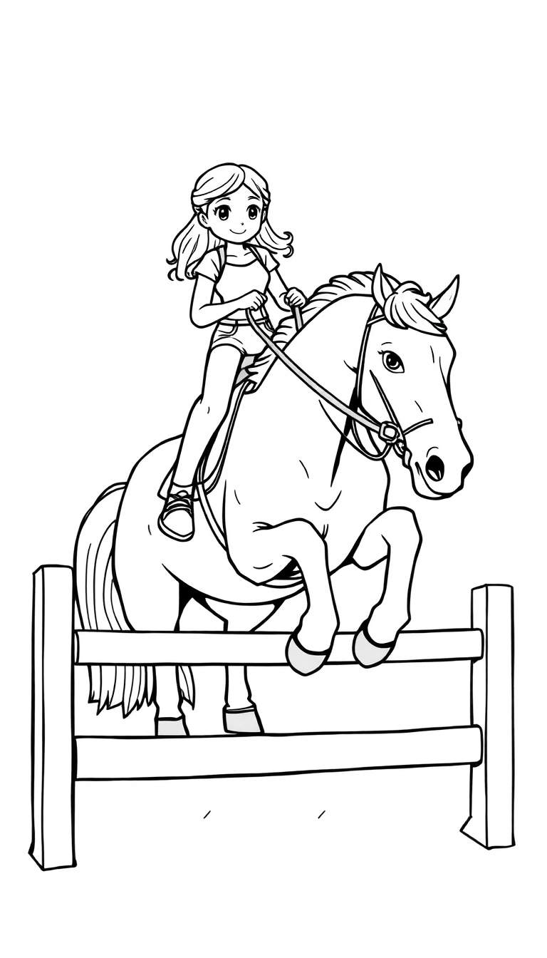 Kleurplaat van een meisje op een springend paard