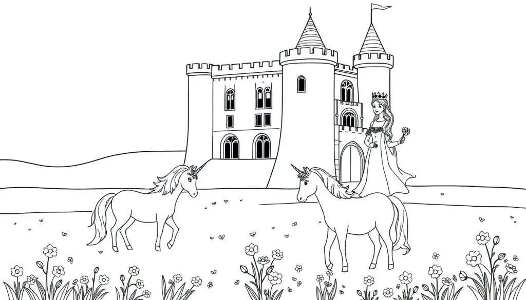 Eenhoorns kleurplaat met koningin en kasteel