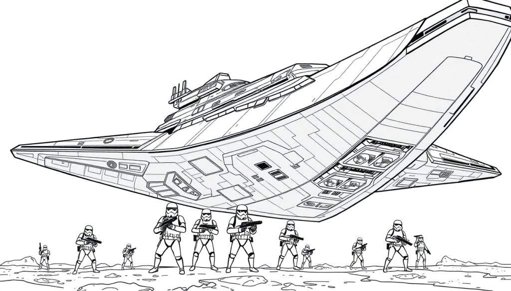 Kleurplaat van Star Wars stormtroopers onder een Imperial Star Destroyer.