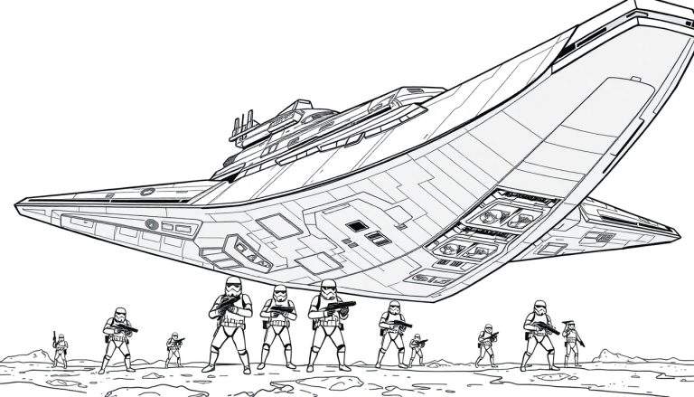Kleurplaat van Star Wars stormtroopers onder een Imperial Star Destroyer.