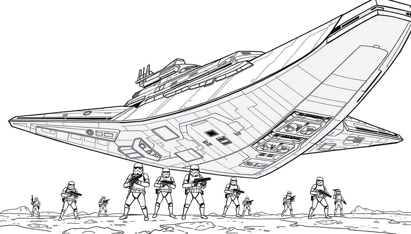 Kleurplaat van Star Wars stormtroopers onder een Imperial Star Destroyer.