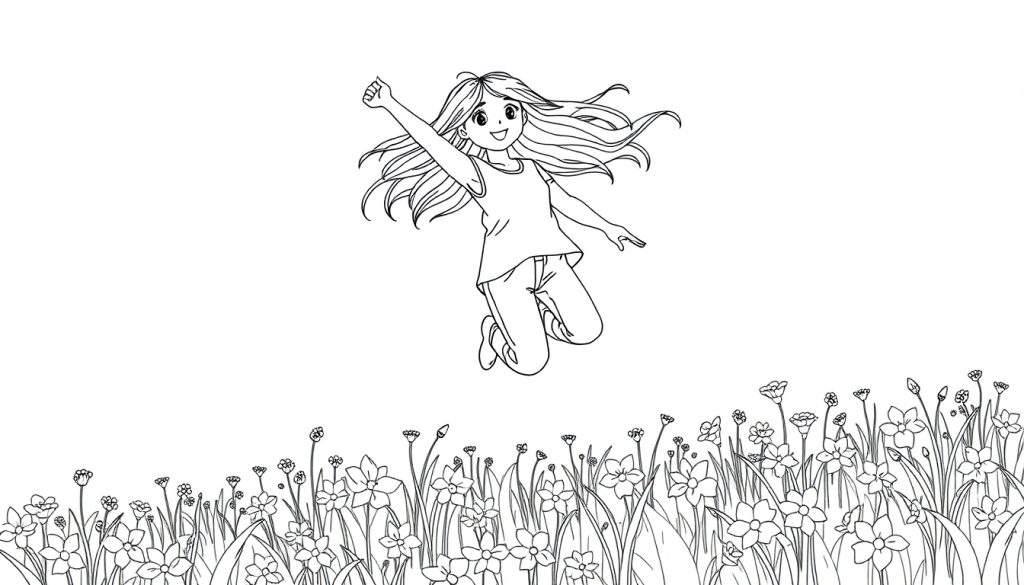 Een zwart-wit kleurplaat van een sterk meisje dat boven bloemen zweeft.