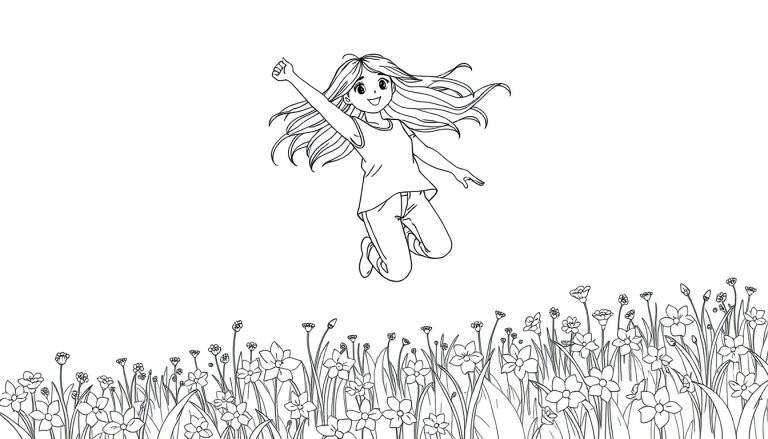 Een zwart-wit kleurplaat van een sterk meisje dat boven bloemen zweeft.