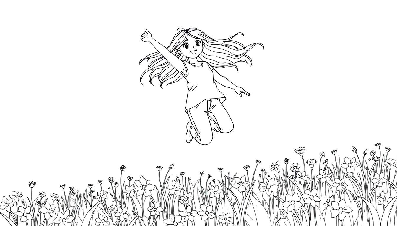 Een zwart-wit kleurplaat van een sterk meisje dat boven bloemen zweeft.