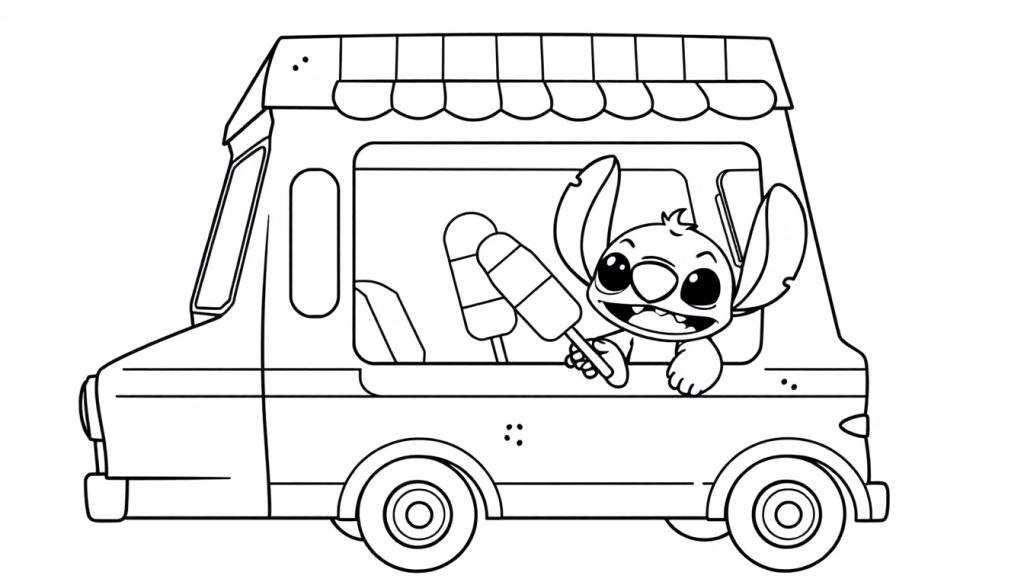 Zwart-wit tekening van Stitch in een foodtruck, klaar om ingekleurd te worden als kleurplaat.