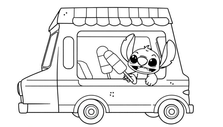 Zwart-wit tekening van Stitch in een foodtruck, klaar om ingekleurd te worden als kleurplaat.