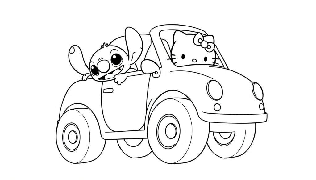 Een zwart-wit kleurplaat van Stitch en Hello Kitty in een auto, waarbij Stitch uit het raam leunt.