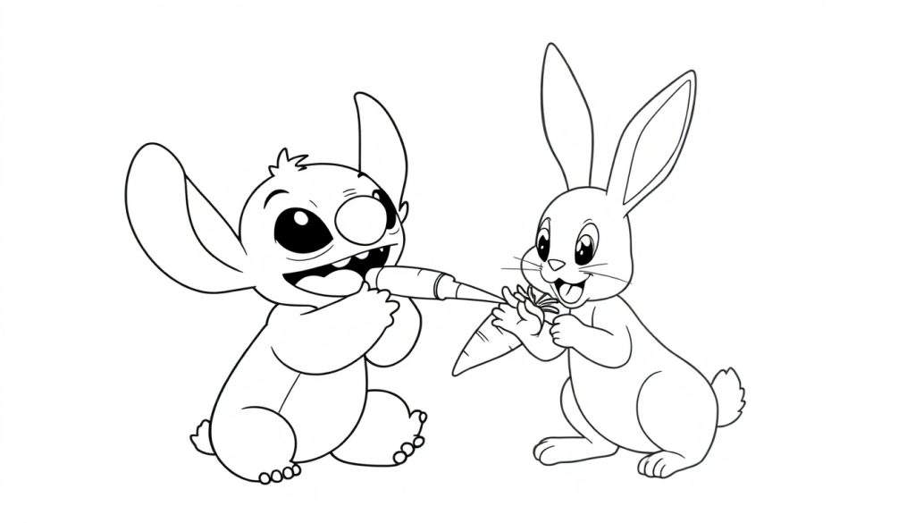 Kleurplaat van Stitch en een konijn die een wortel delen.