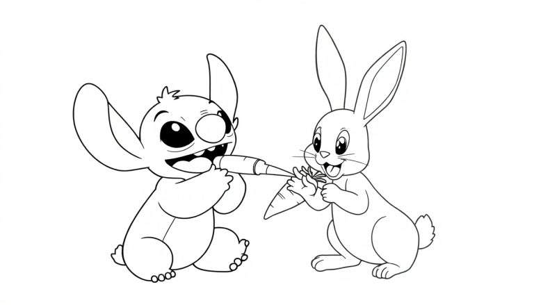 Kleurplaat van Stitch en een konijn die een wortel delen.