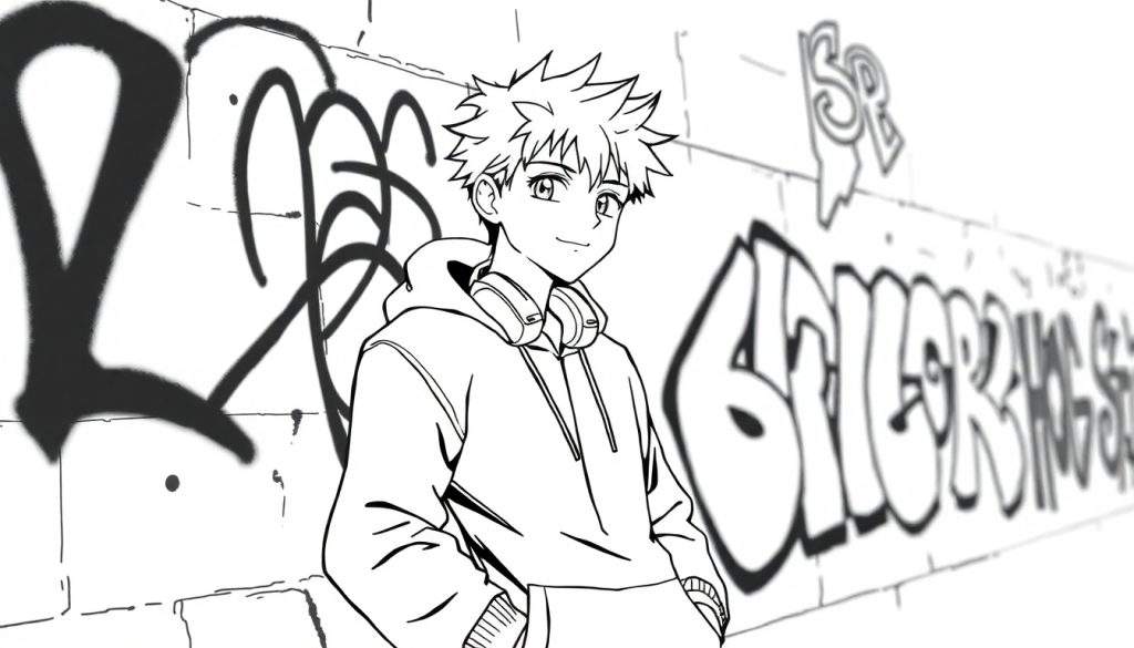 Kleurplaat van een anime jongen in een hoodie voor een graffiti muur.