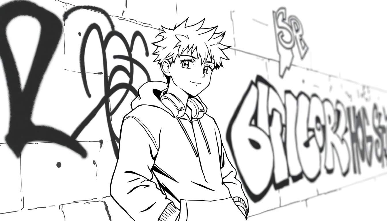 Kleurplaat van een anime jongen in een hoodie voor een graffiti muur.