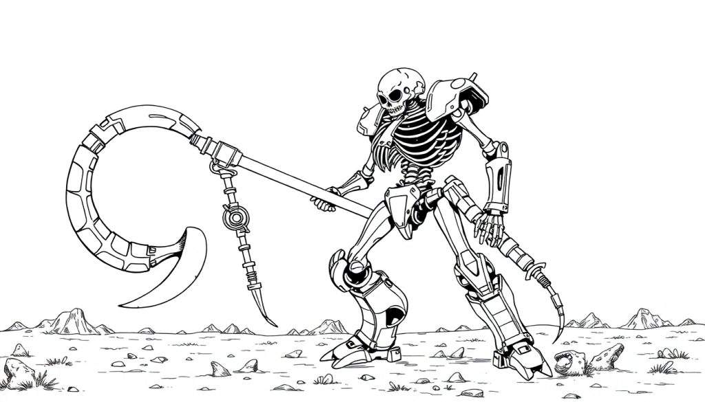 Kleurplaat van een mechanisch skelet met zeis in een dor landschap.