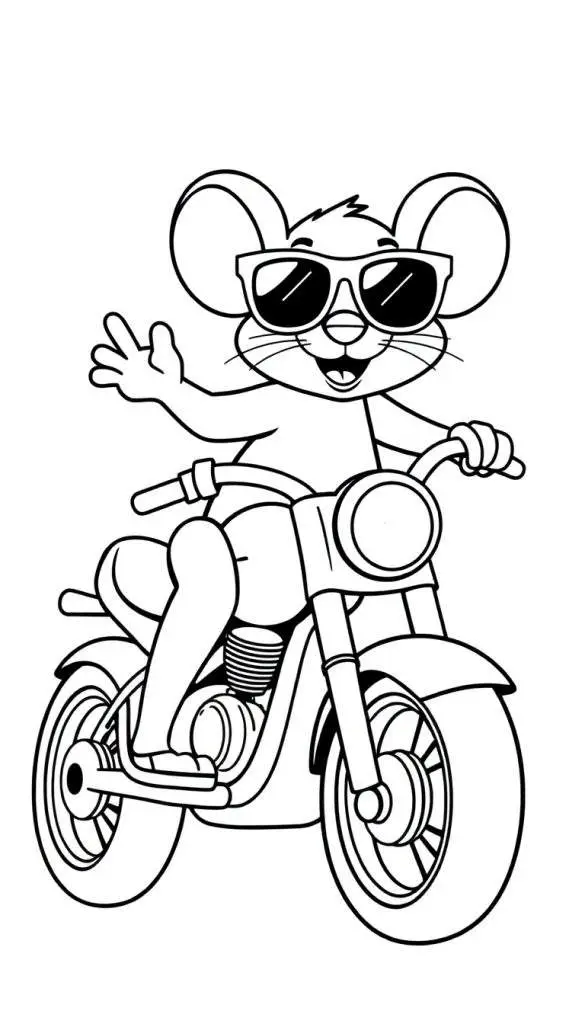 Kleurplaat van een stoere muis met zonnebril op een motor.