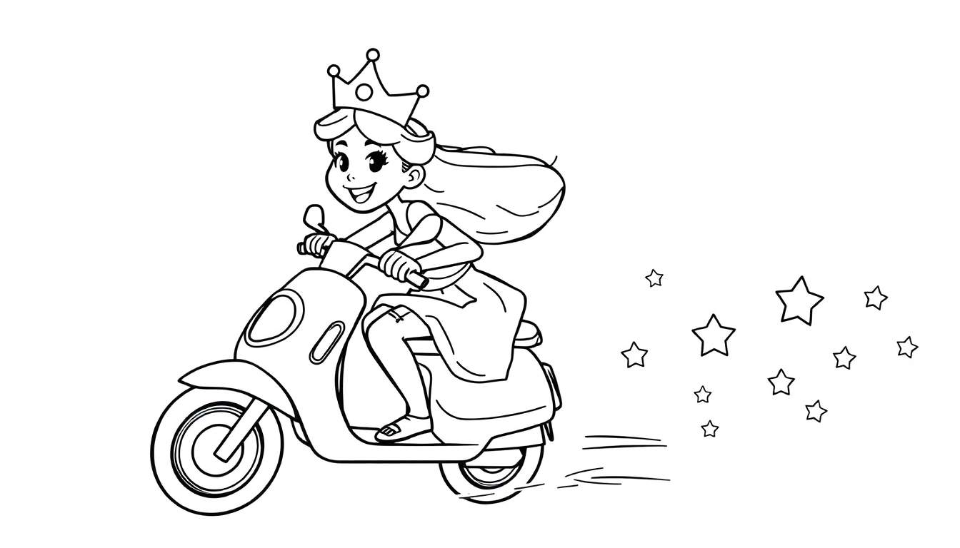 Kleurplaat van een stoere prinses op een scooter, racend als in Mario Kart, met een grote kroon.