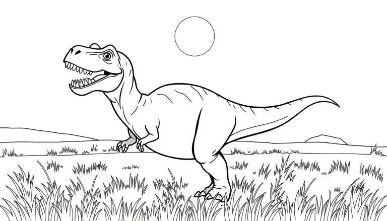 Kleurplaat van een T-Rex met open mond en tanden, in een landschap.